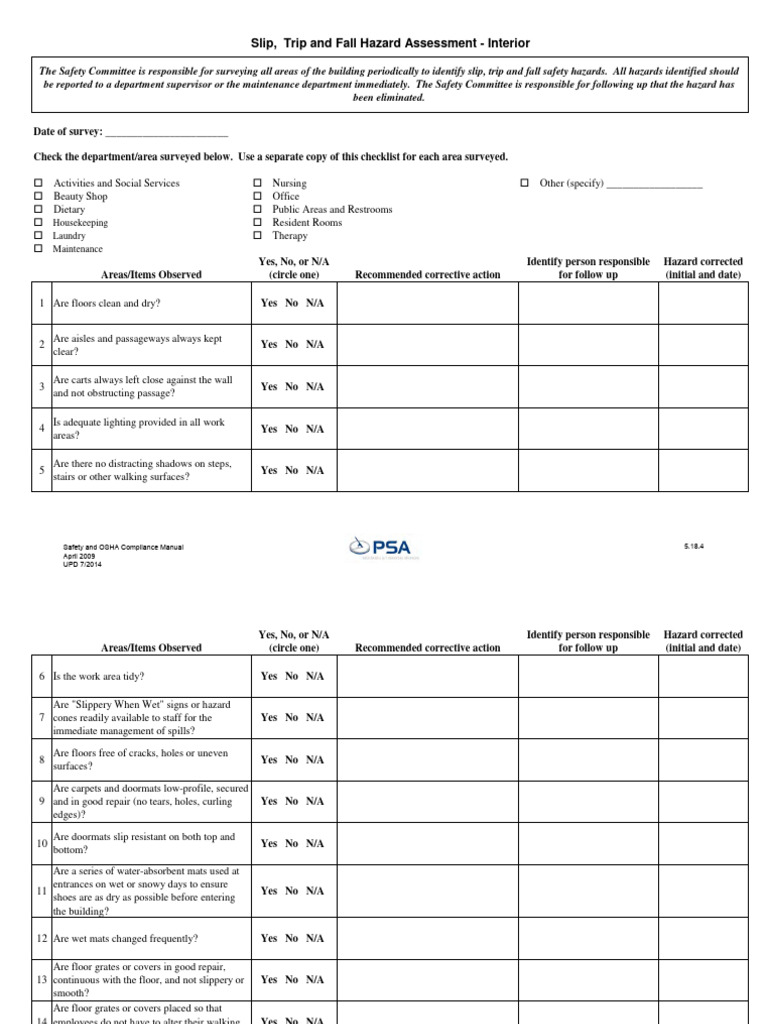 Slip Trip and Fall OSHA Forms PDF Housekeeping