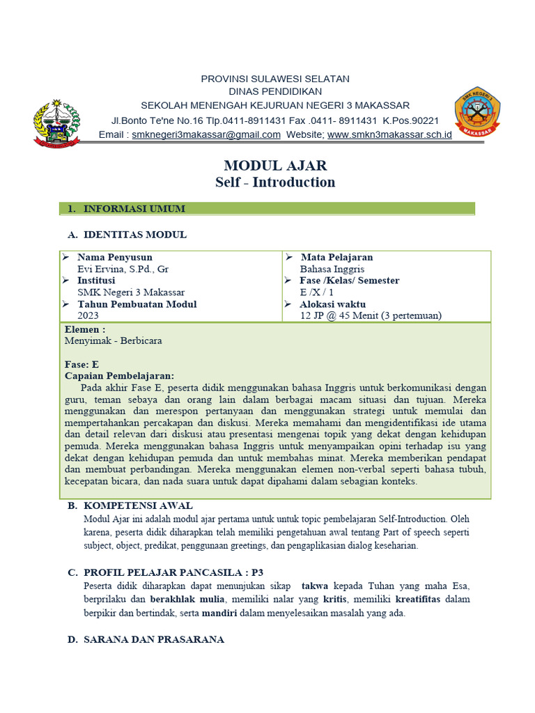 EV MODUL AJAR Self Introduction | PDF | Karier & Perkembangan