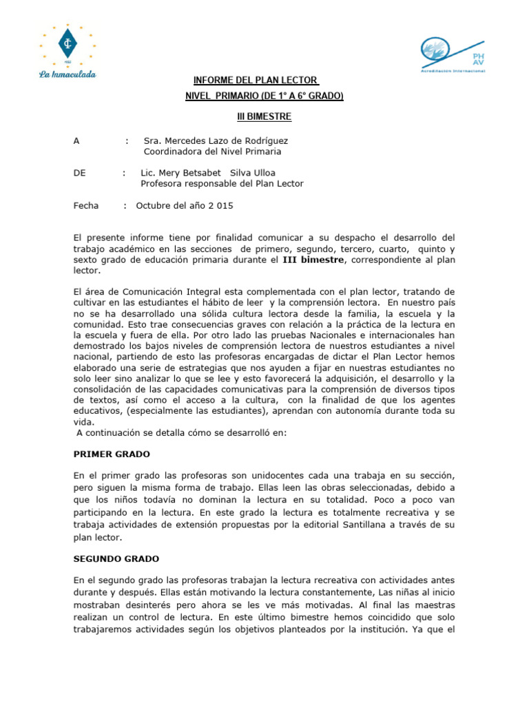 Informe Del Plan Lector 1 A 6 Pdf Comprensión Lectora