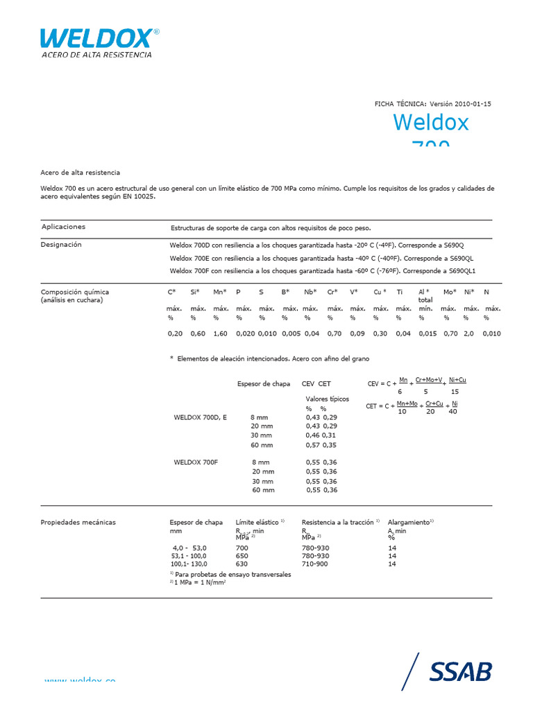 Ficha Técnica de Weldox 700 | PDF | Soldadura | Construcción