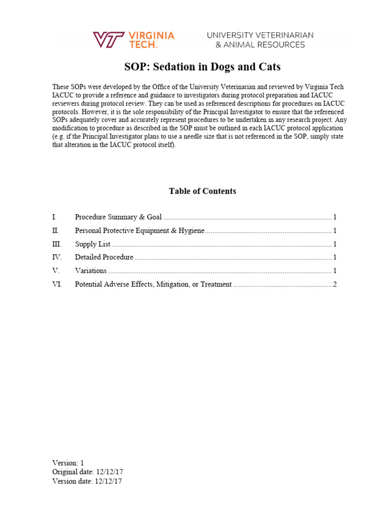 Sop Dogs and Cats Sedation PDF Anesthesia Injection (Medicine)