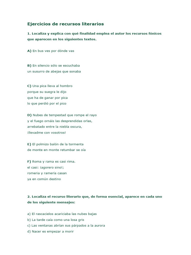 Ejercicios de Recursos Literarios | PDF