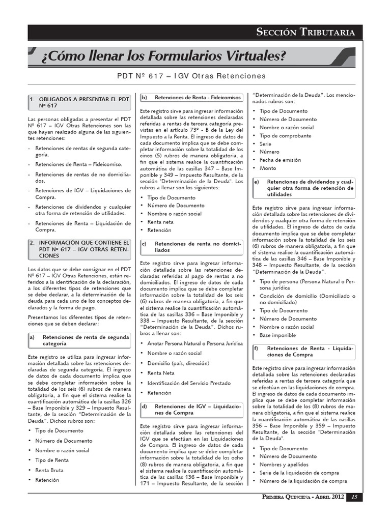 PDT #617 - IGV Otras Retenciones | PDF | Impuestos | Impuesto sobre la ...