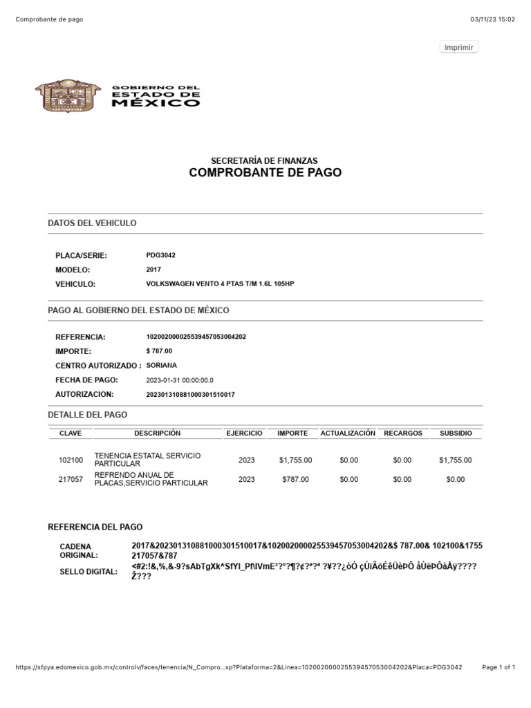 Comprobante de Pago Tenencia 2023 PDF