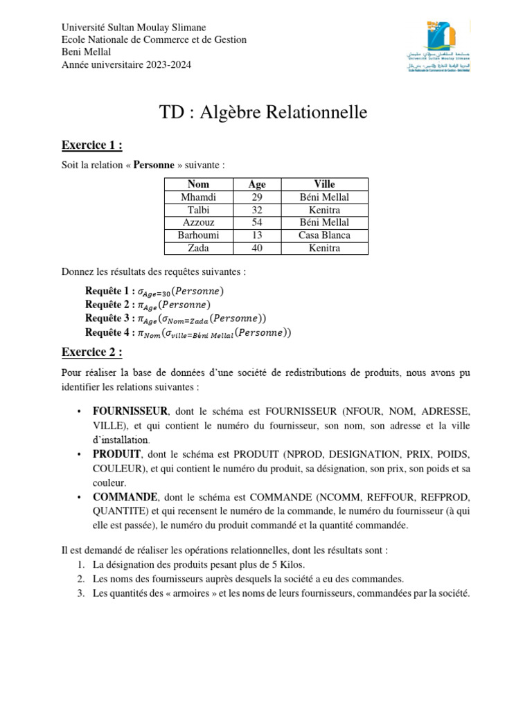Exercice d'Algèbre Relationnelle | PDF | Bases de données | Gestion des ...