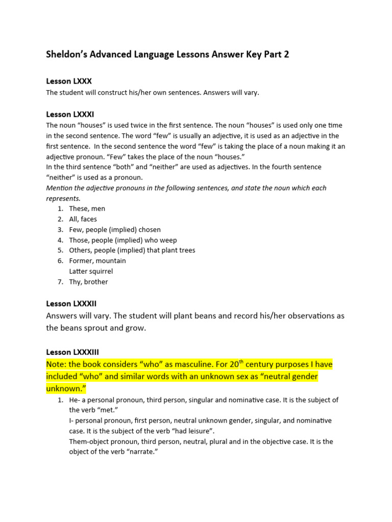 Advanced Language Lessons Answer Key | PDF | Grammatical Gender ...