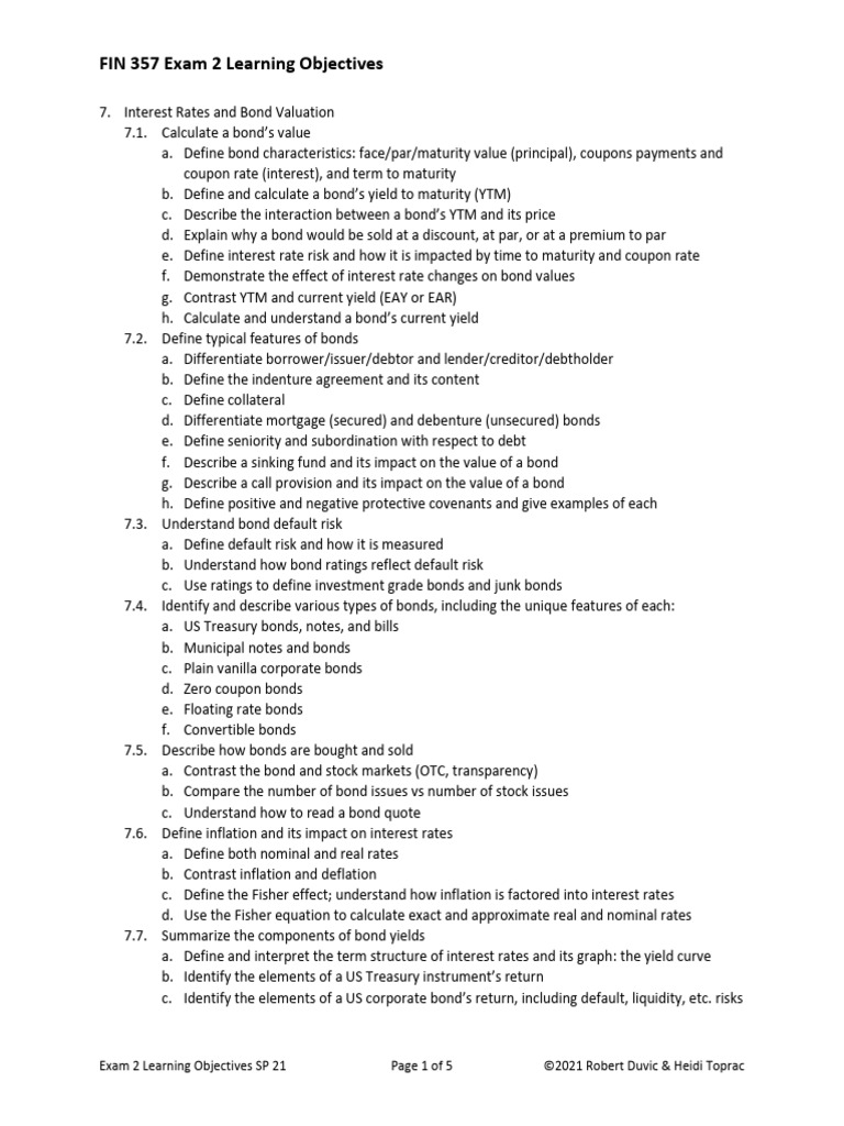 Exam 2 Learning Objectives Sp 21 Pdf Bonds Finance Internal