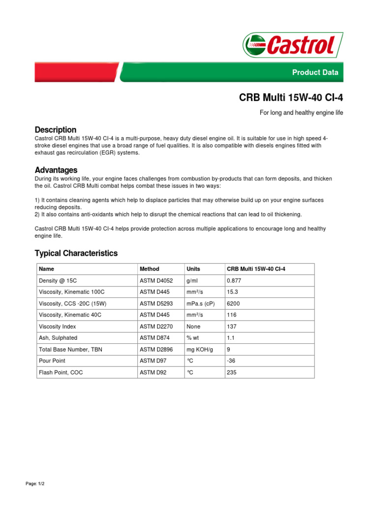 Castrol CRB Multi 15W-40 CI-4 Overview | PDF | Motor Oil | Industrial ...