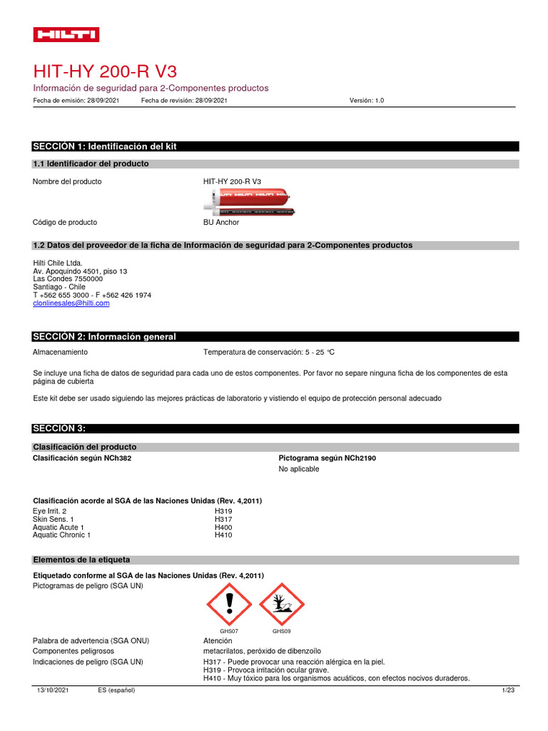 Hds - Hilti Hit - Hy 200 r | PDF | Agua | Primeros auxilios