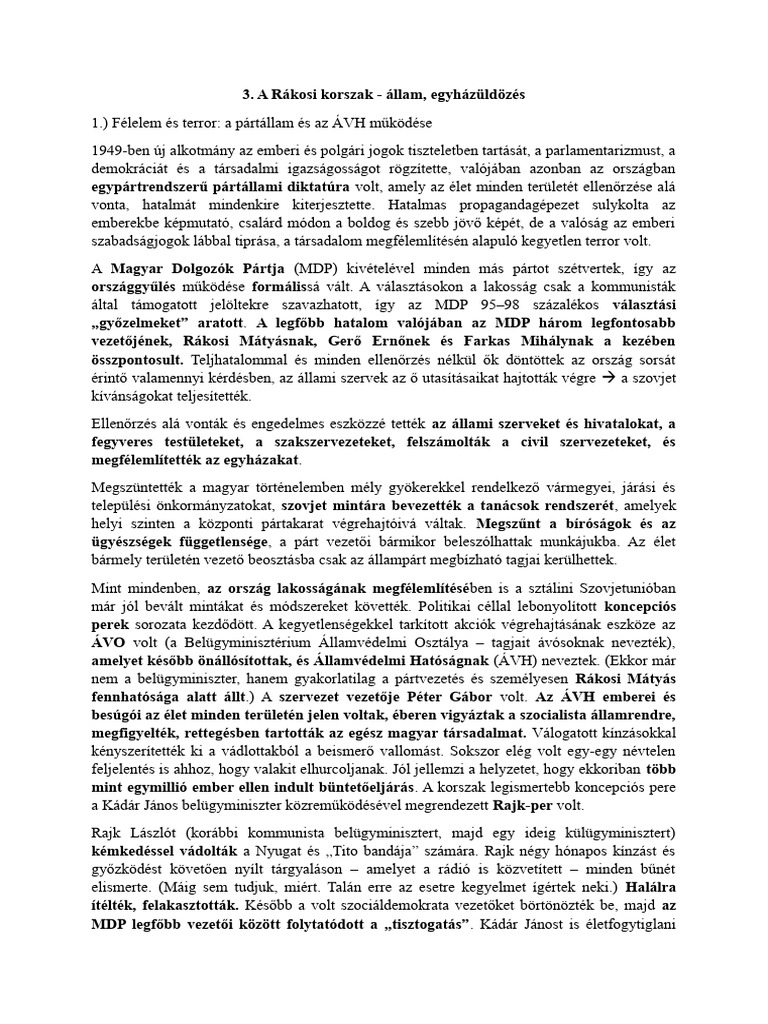 A Rákosi Korszak - Állam, Egyházüldözés | PDF
