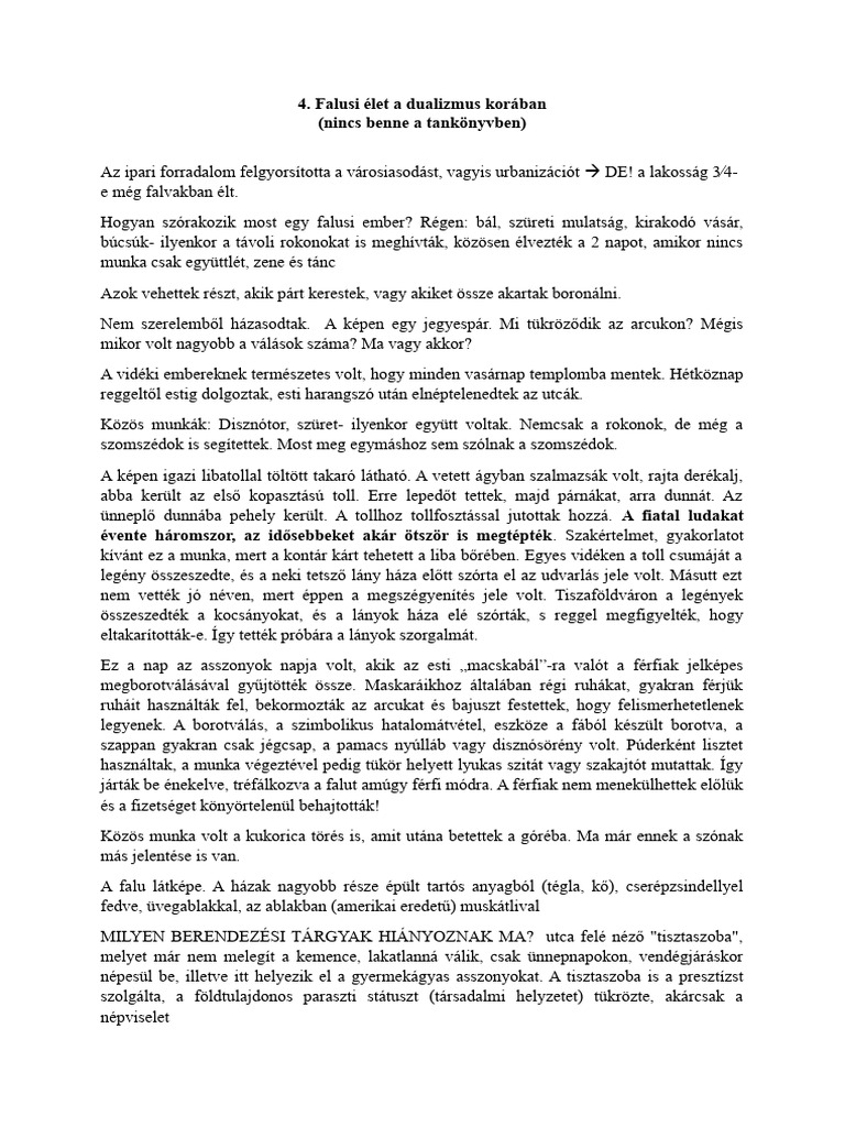 Falusi Élet A Dualizmus Korában | PDF