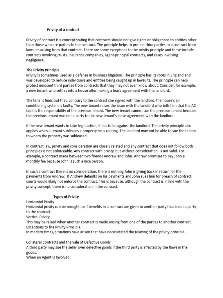 Privity of Contract and Breach of Contract PDF Breach Of Contract