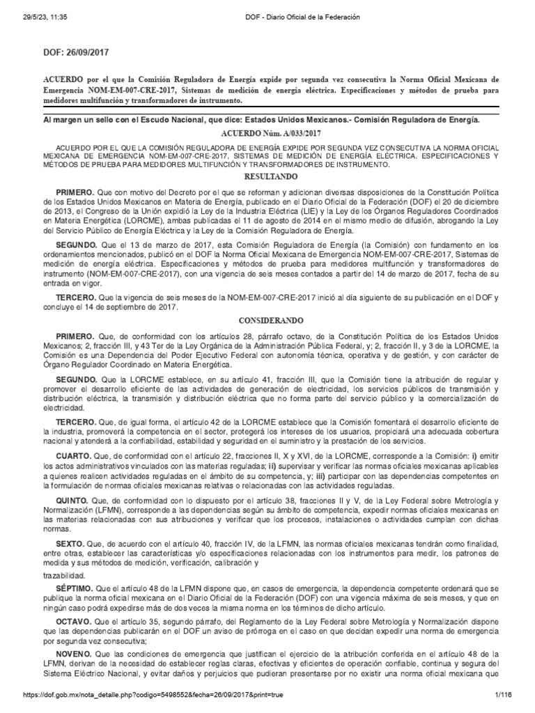 Norma Emergente NOM-EM-007-CRE-2017 | PDF | Ingenieria Eléctrica | Medición