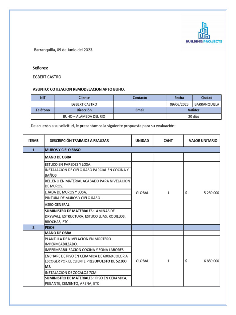 Cotizacion Egbert Castro Conjunto Buho Full PDF Ingeniería de