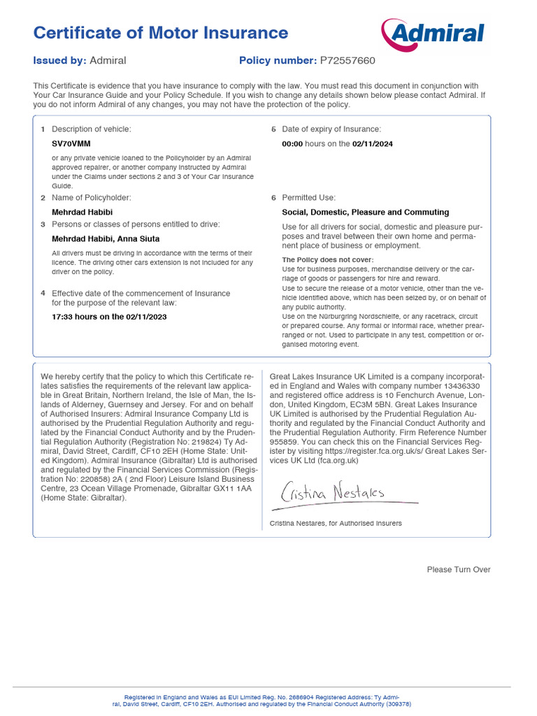 Certificate of Motor Insurance PDF Vehicle Insurance Insurance