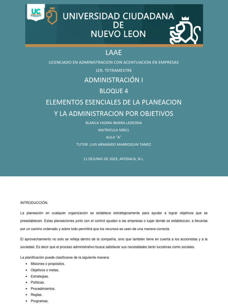 ELEMENTOS ESENCIALES DE LA PLANEACION Y ADMINISTRACION POR OBJETIVOS ...