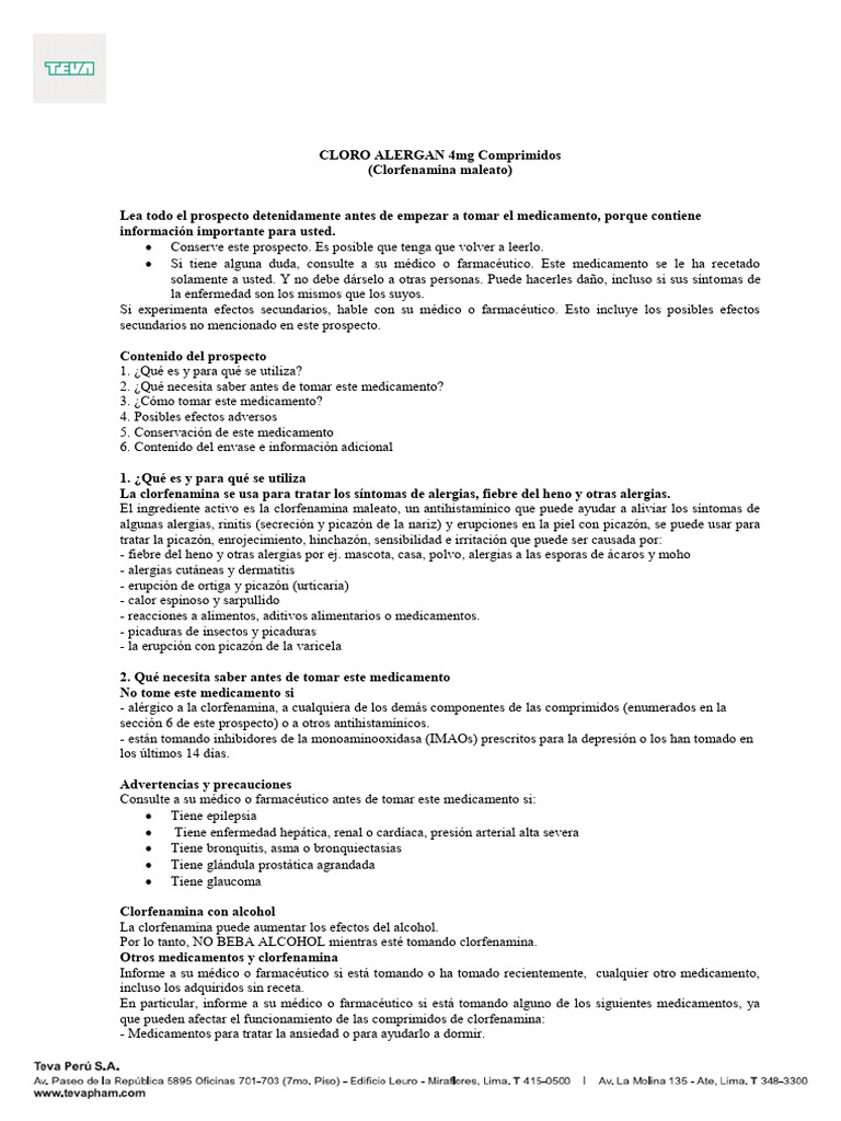 Inserto Cloro Alergan Tableta PDF Alergia Efecto adverso
