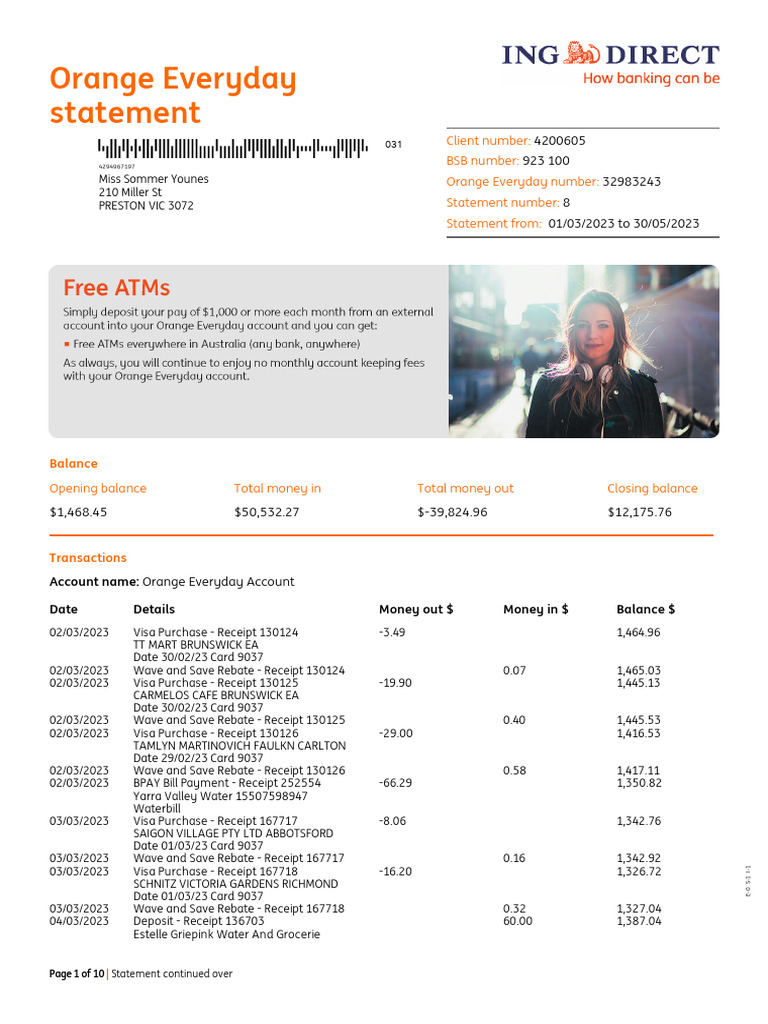 ING Direct sommer Orange Everyday PDF Visa Inc. Receipt