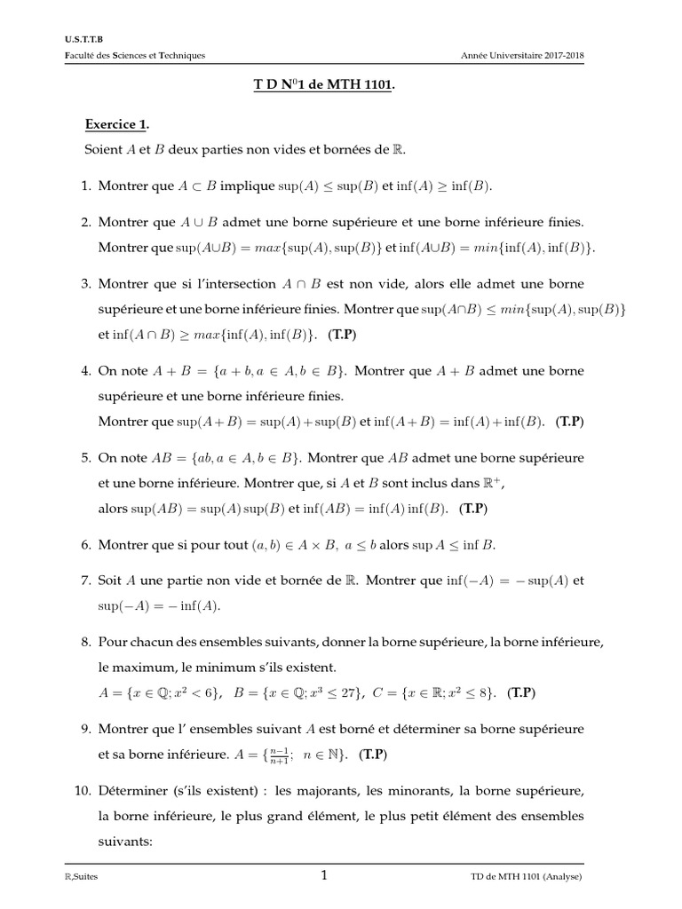 TD Analyse 1 - Corrigé MTH 1101 | PDF | Analyse complexe | Mathématiques