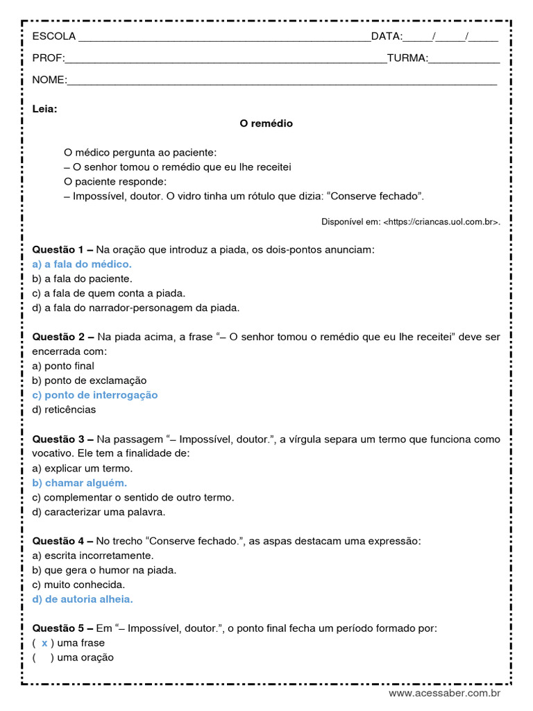 Atividade de Portugues Sinais de Pontuacao 7º Ano Respostas | PDF