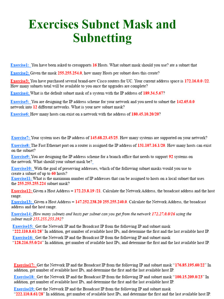 Exercises Subnet Mask and Subnetting | PDF | Ip Address | Computer Network
