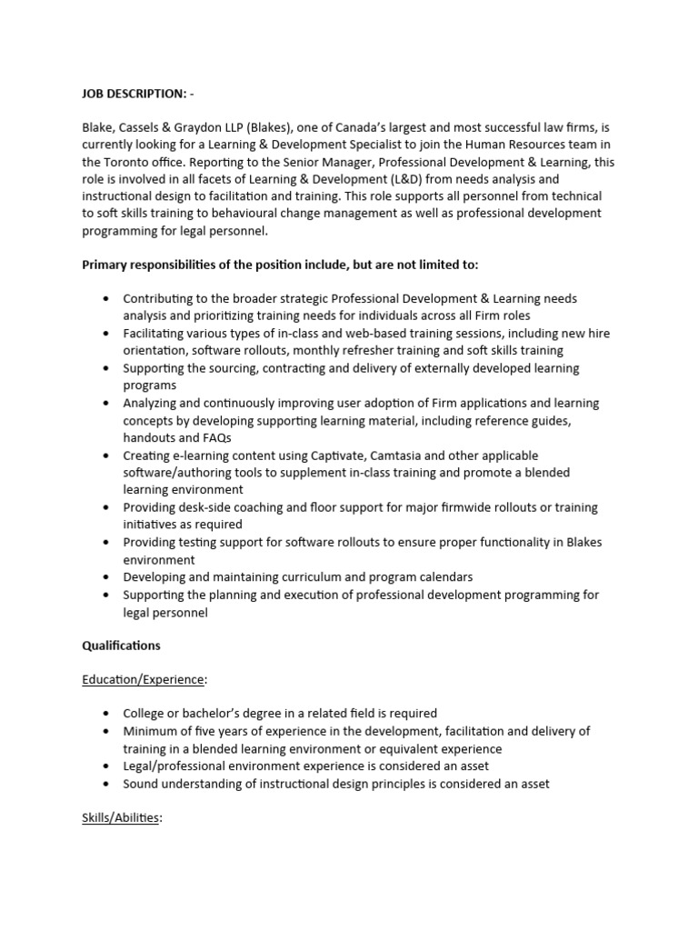 Learning & Development Specialist Role | PDF | Educational Technology ...