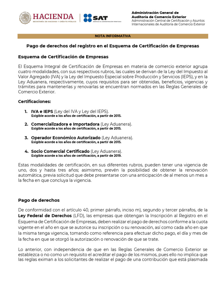 Pago de Derechos Por El Registro de Empresas Certificadas PDF El