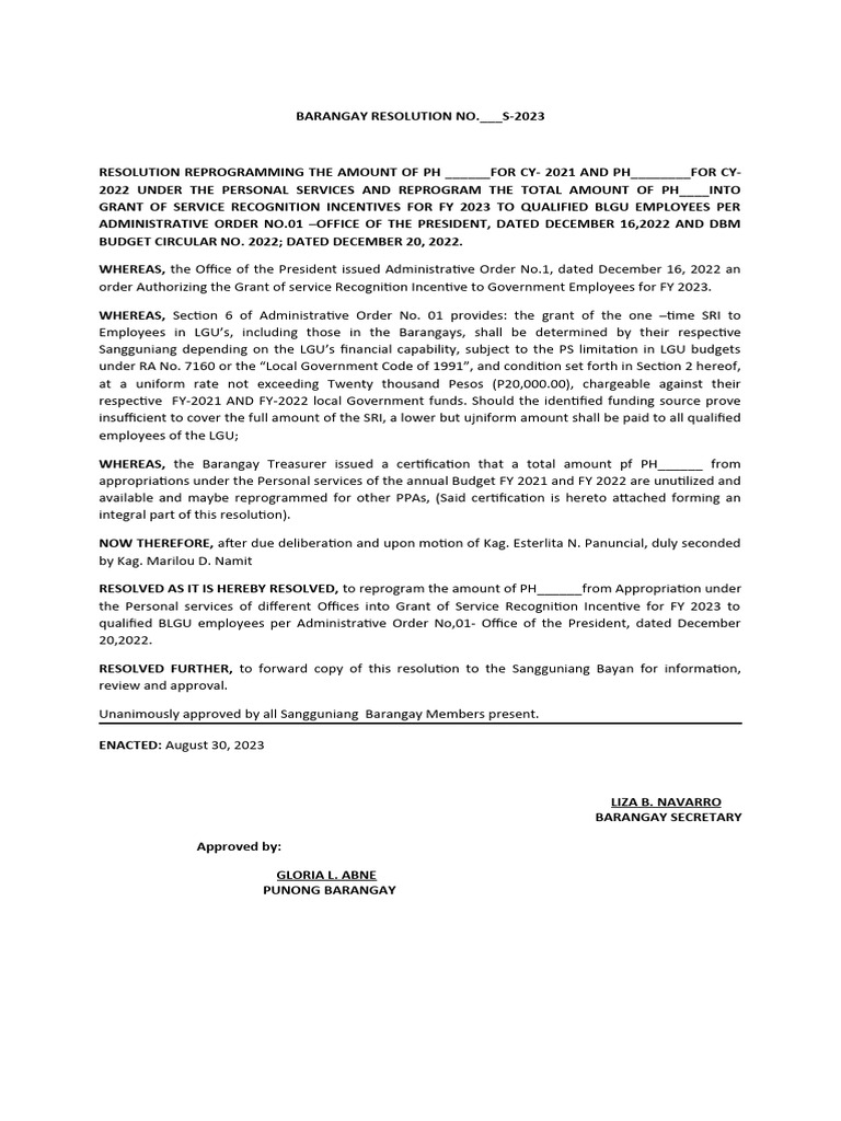 Barangay Resolution for Service Incentives | PDF | Government