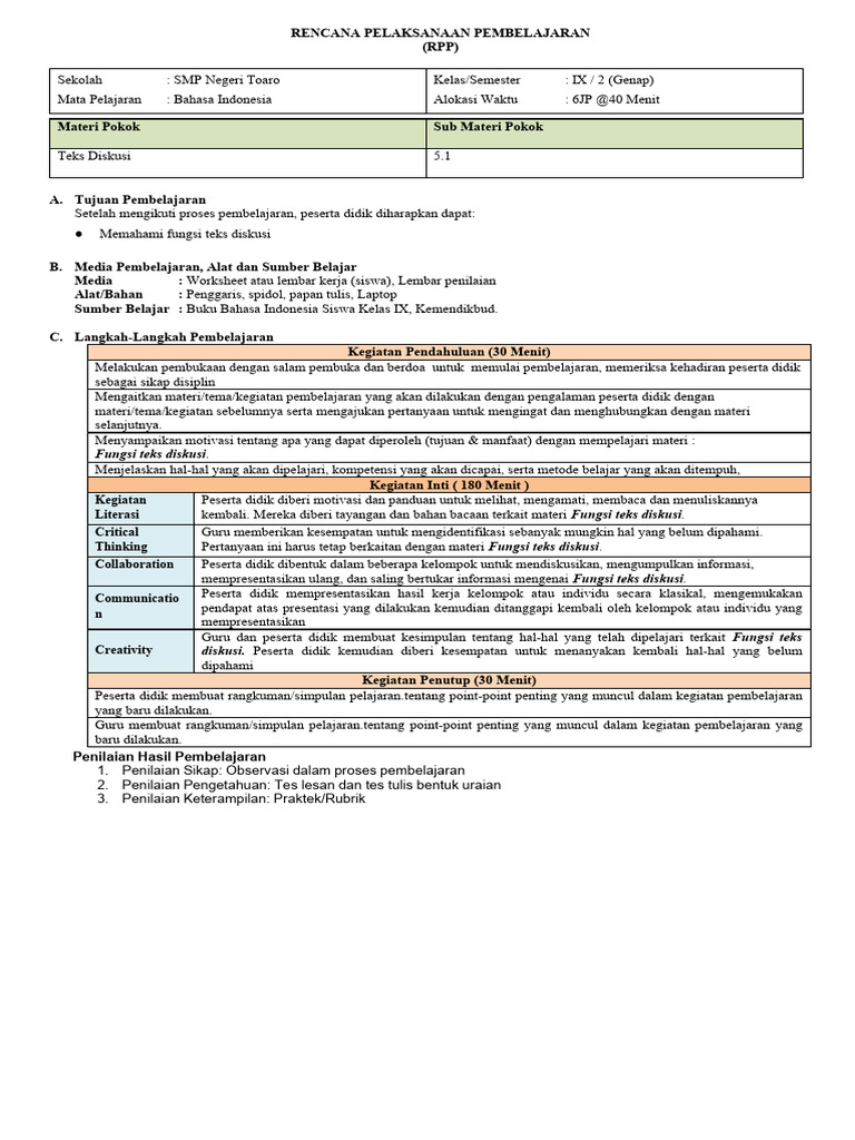 RPP Bahasa Indonesia Kelas 9 Semester 2 | PDF