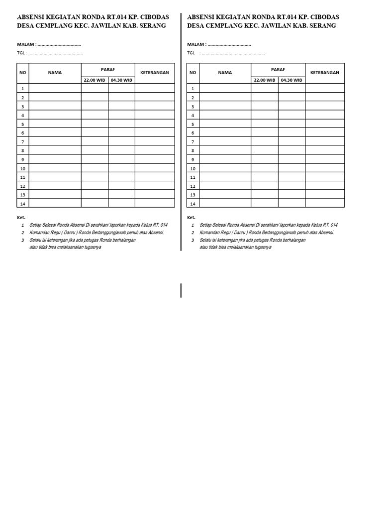 Absensi Ronda Malam RT.014 Cibodas | PDF