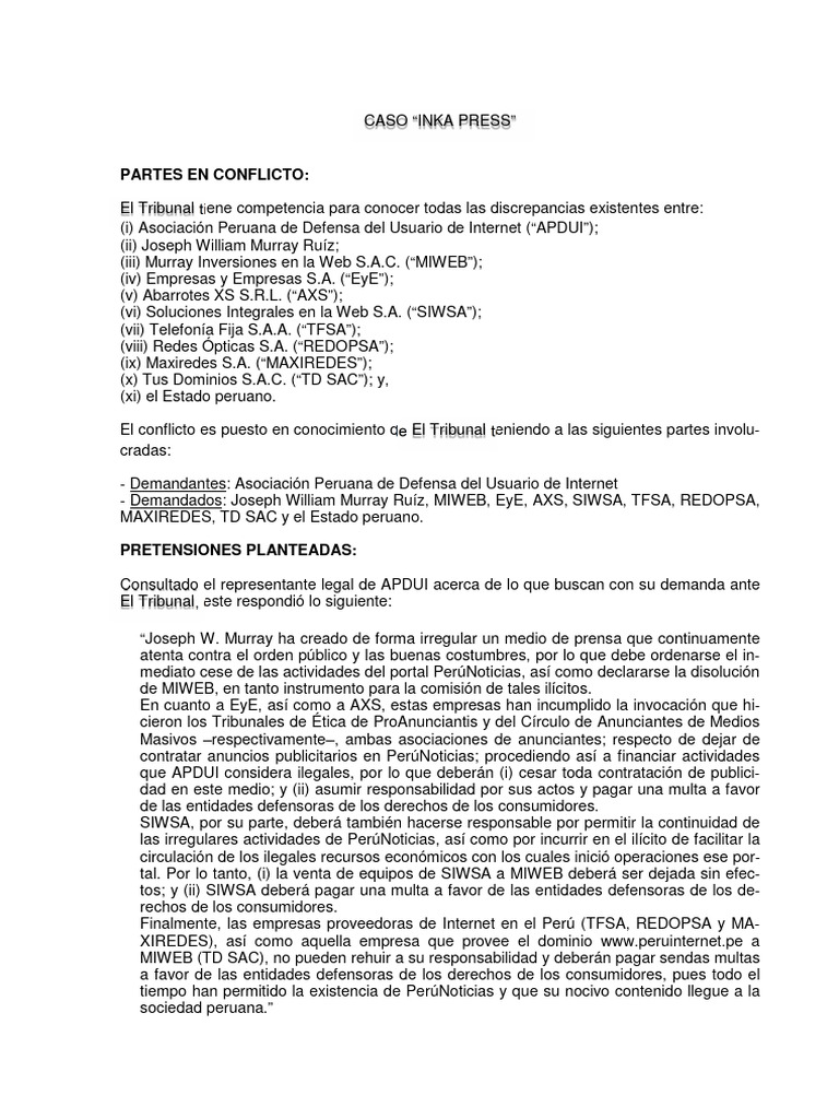 Ayuda Memoria CASO INKA PRESS | PDF | Multa (pena) | Protección al ...