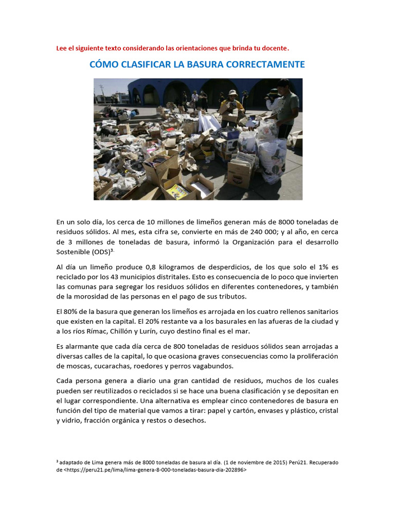 TEXTO COMO CLASIFICAR LA BASURA CORRECTAMENTE | PDF | Residuos | Vertedero