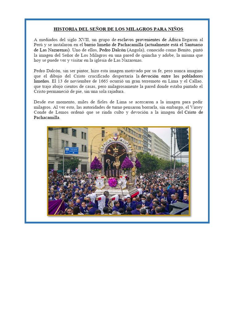 Historia del Señor de los Milagros para Niños | PDF | Viajes y turismo ...