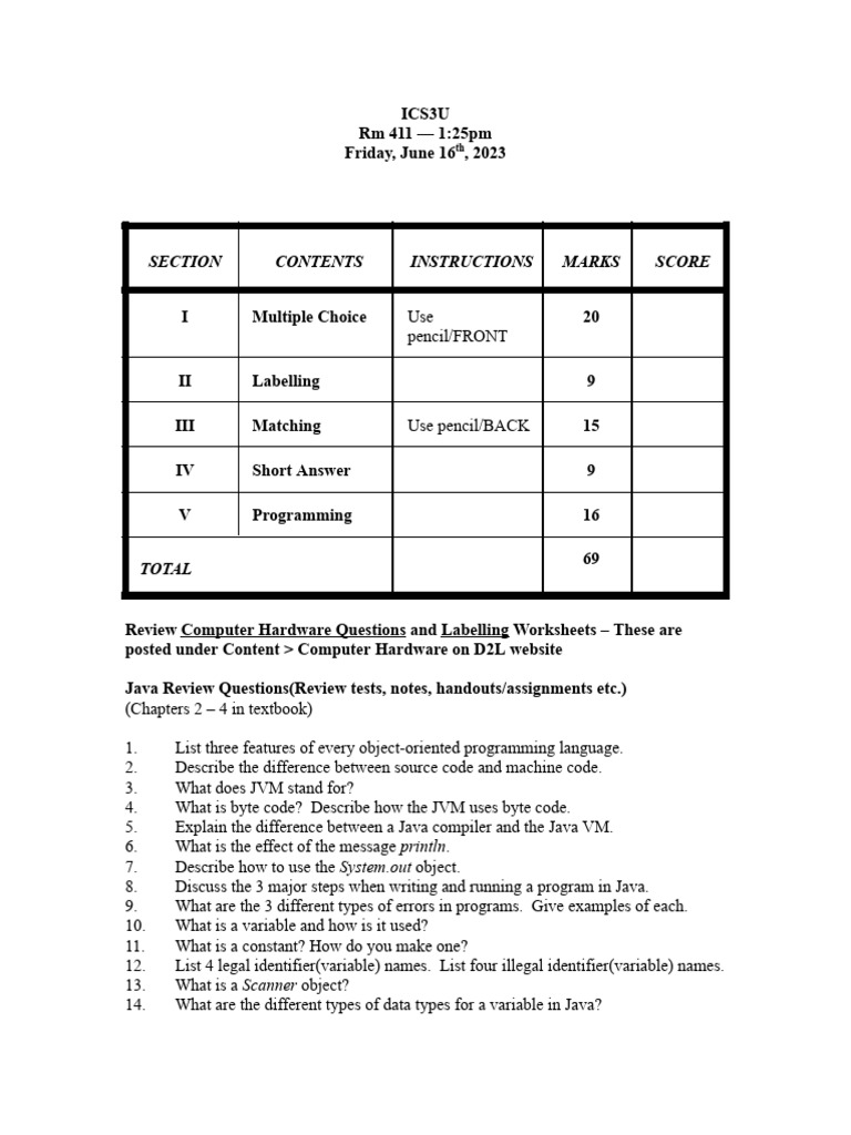 ICS3U - Exam Review - June 2023 | PDF | Java (Programming Language ...