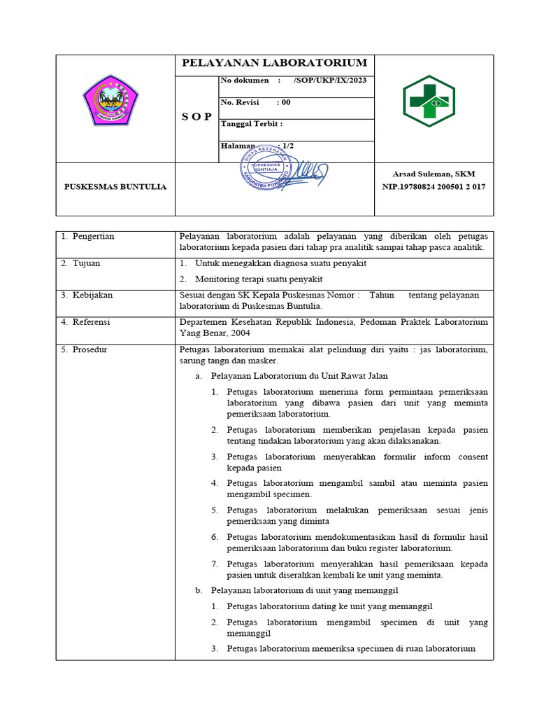 3.9.1 Sop Pelayanan Laboratorium | PDF