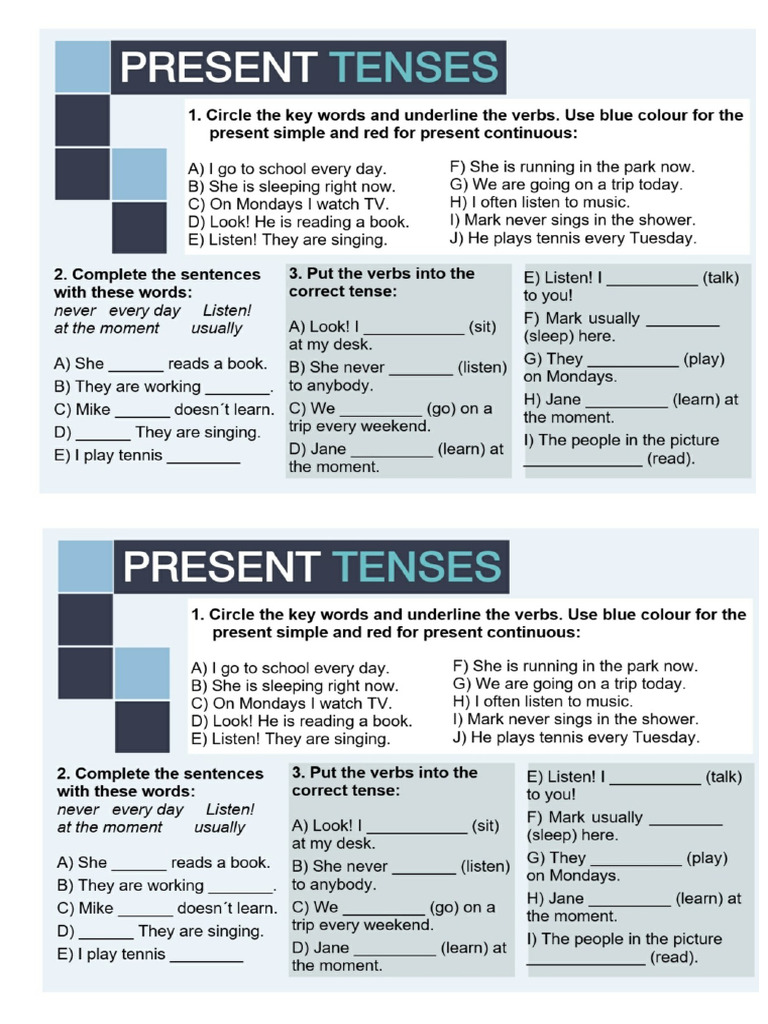 PRESENT TENSES KEYWORDS Worksheet | PDF