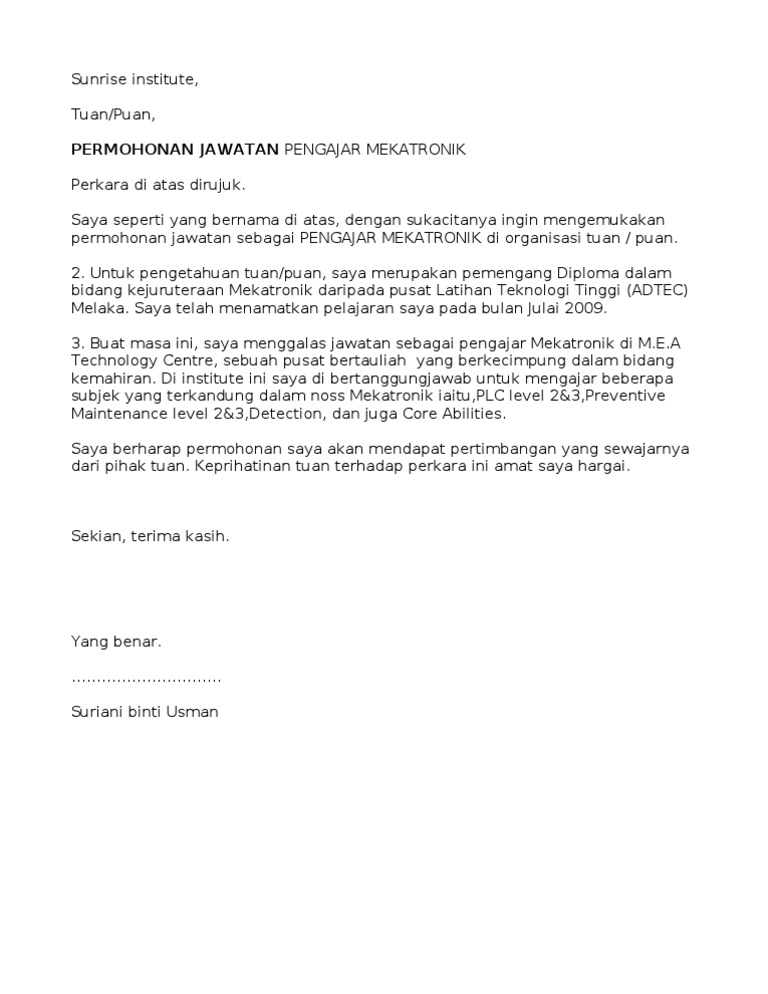 Surat Permohonan Kerja Guru Ganti - Selangor o