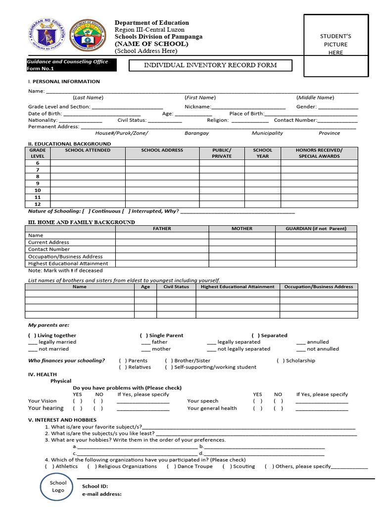 1-Individual Inventory Form | PDF | Justice | Crime & Violence