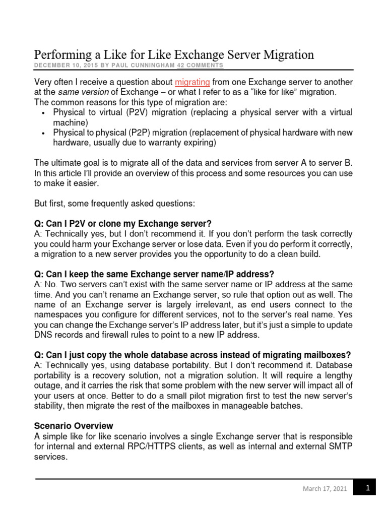 Performing a like for like exchange server migration pdf domain