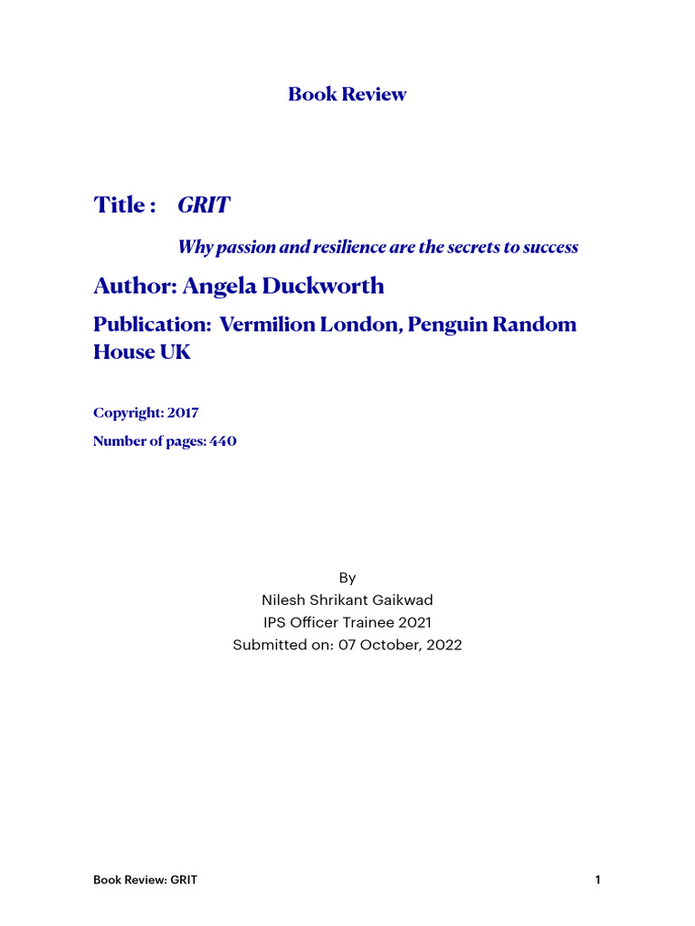 Final_GRIT Book review PDF Grit (Personality Trait) Behavioural