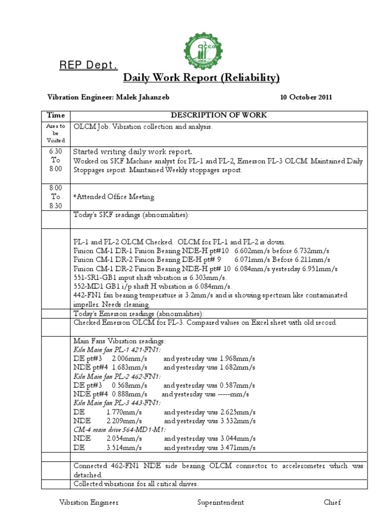 Daily Work Report 111010 | PDF