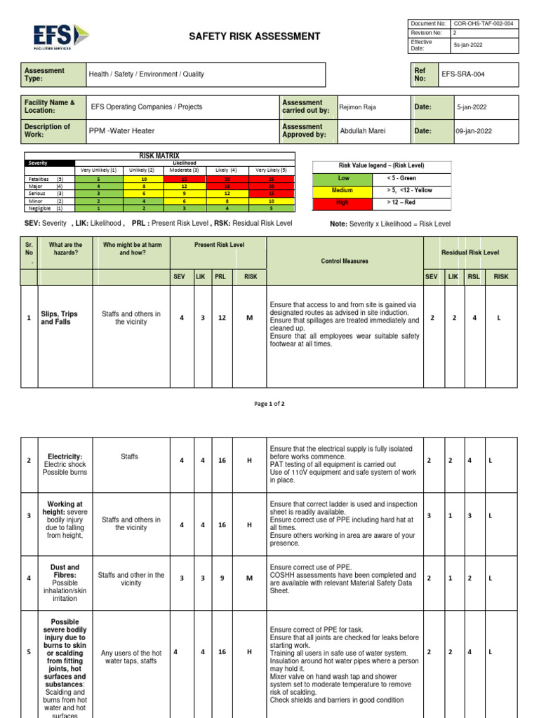 Safety Risk Assessment Document | PDF | Risk | Burn