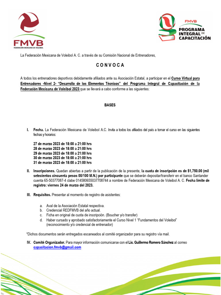 Convocatoria Nivel 2 Virtual FMVB 2023 - 1 | Descargar gratis PDF | México