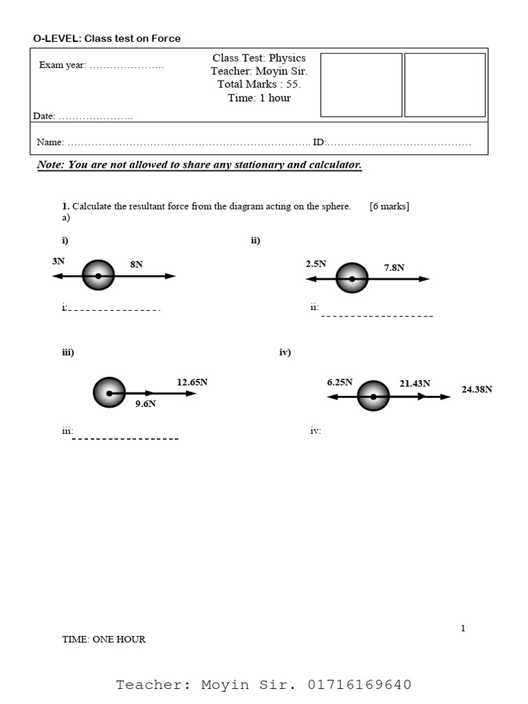 Class Test Force And Momentum Pdf Weight Force