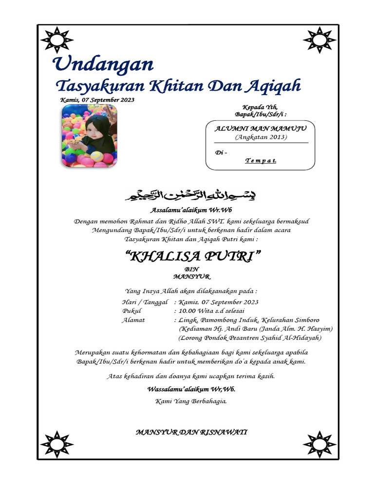 Undangan Tasyakuran Khitan Dan Aqiqah | PDF
