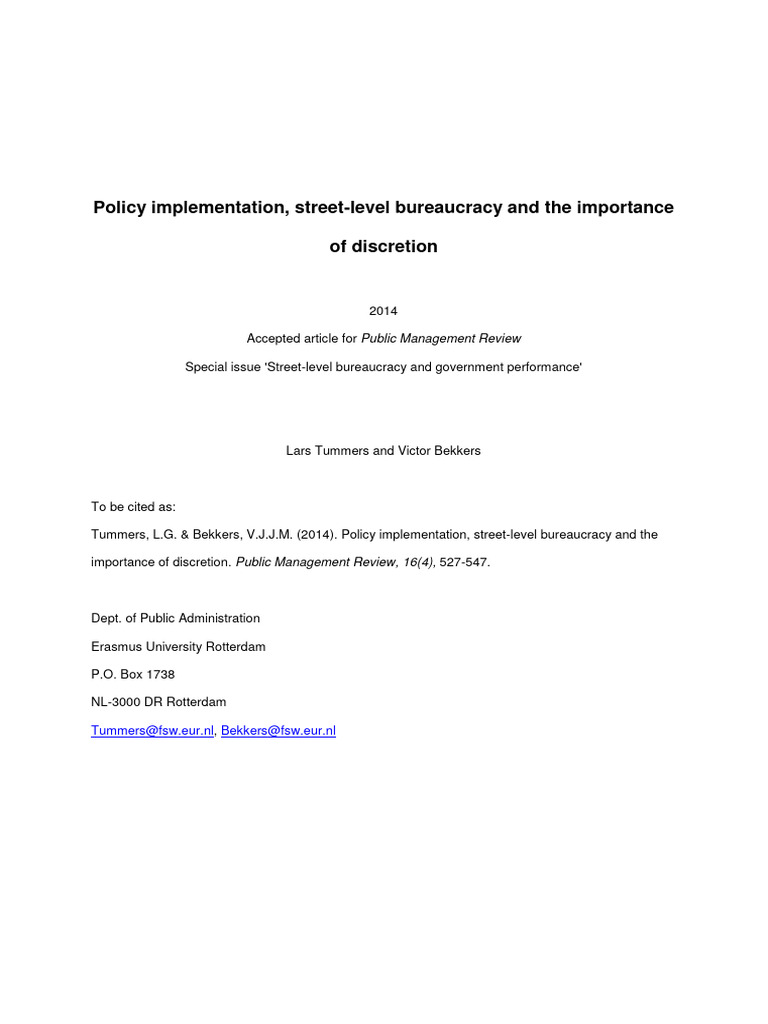 Policy Implementation, StreetLevel Bureaucracy and The Importance of Discretion PDF