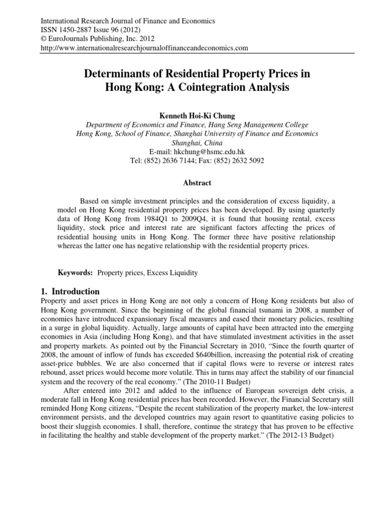Determinants of Residential House Price in Hong Kong PDF Economic