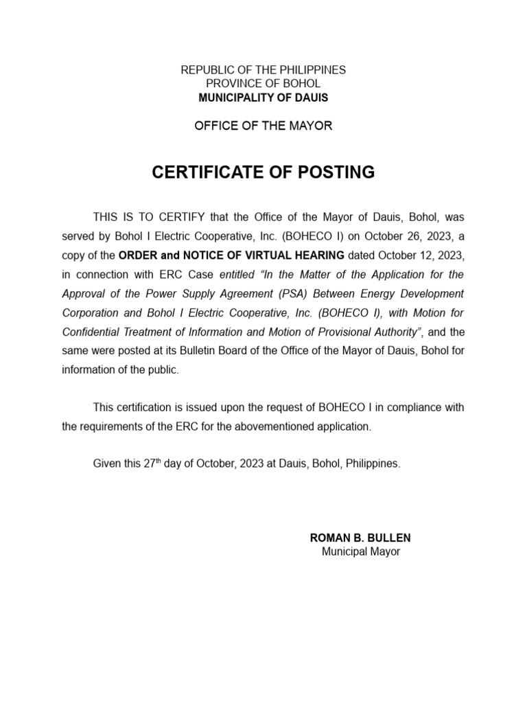 CERTIFICATE OF POSTING BOHECO I PDF