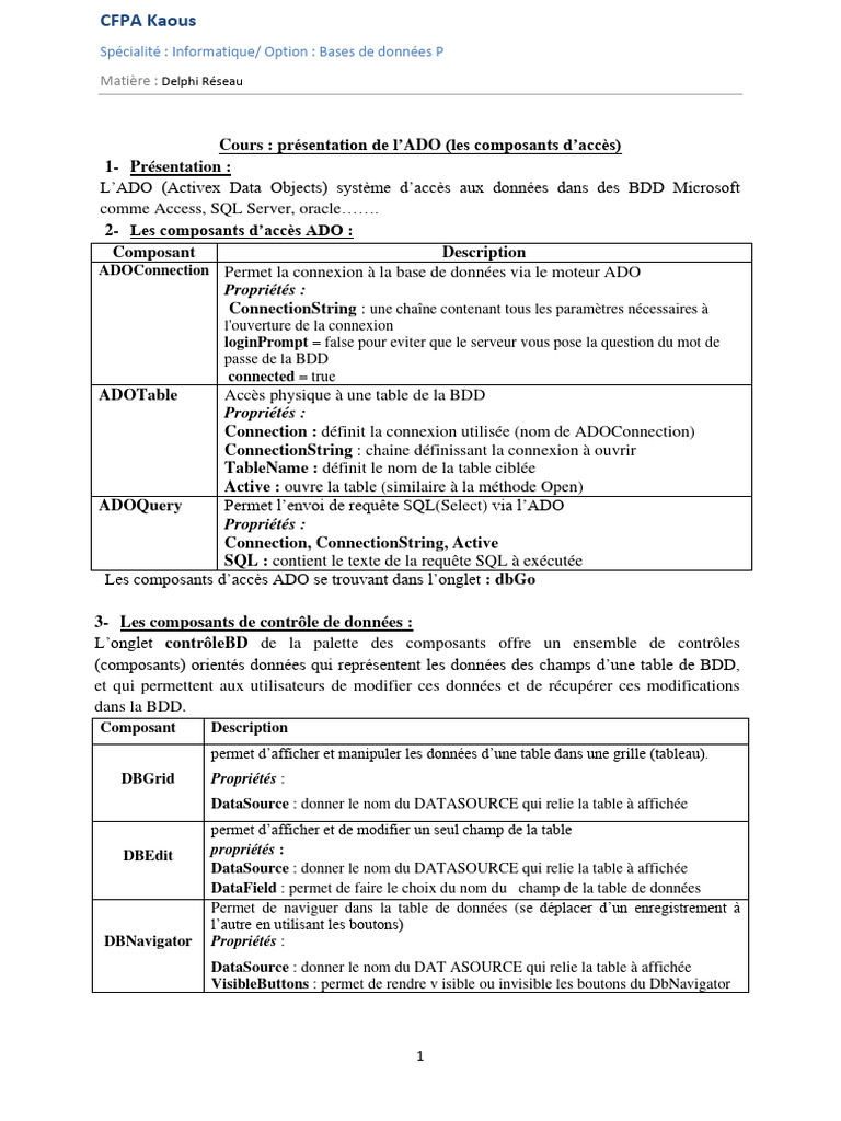 ADO et Oracle : Guide de connexion Delphi | PDF | Bases de données ...