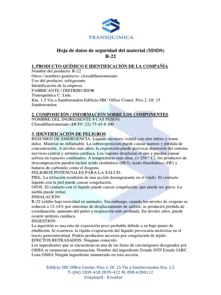 MSDS R22 | PDF | Agua | Química